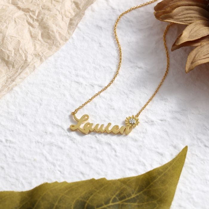 Bespoke Sunflower Name Necklace | Personalised Name Necklace With Sunflower