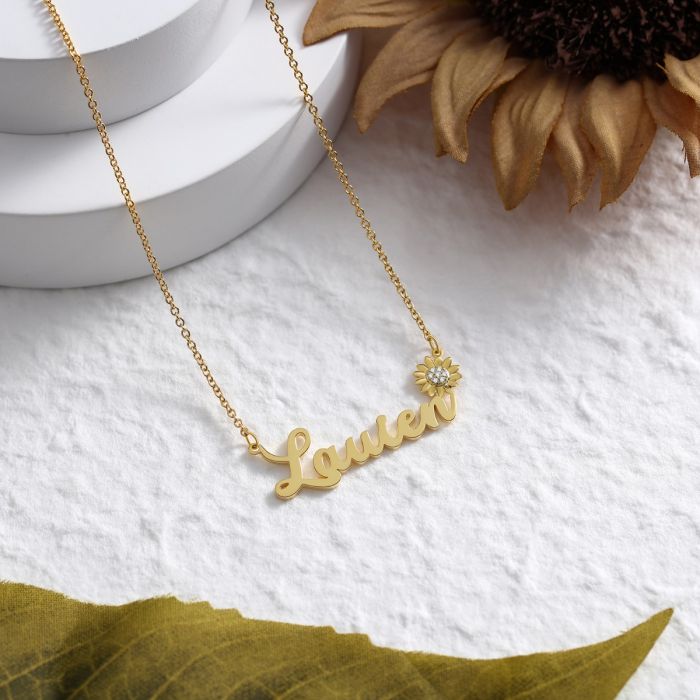 Bespoke Sunflower Name Necklace | Personalised Name Necklace With Sunflower