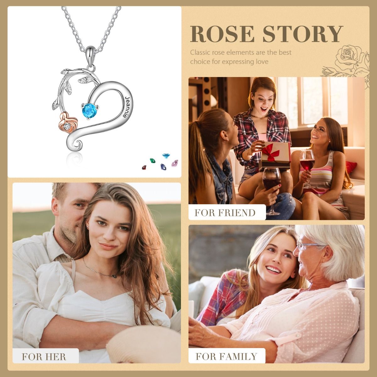 Personalised Rose Necklace With Up To 4 Birthstones | Bespoke Engraved Names Necklace With Birthstones