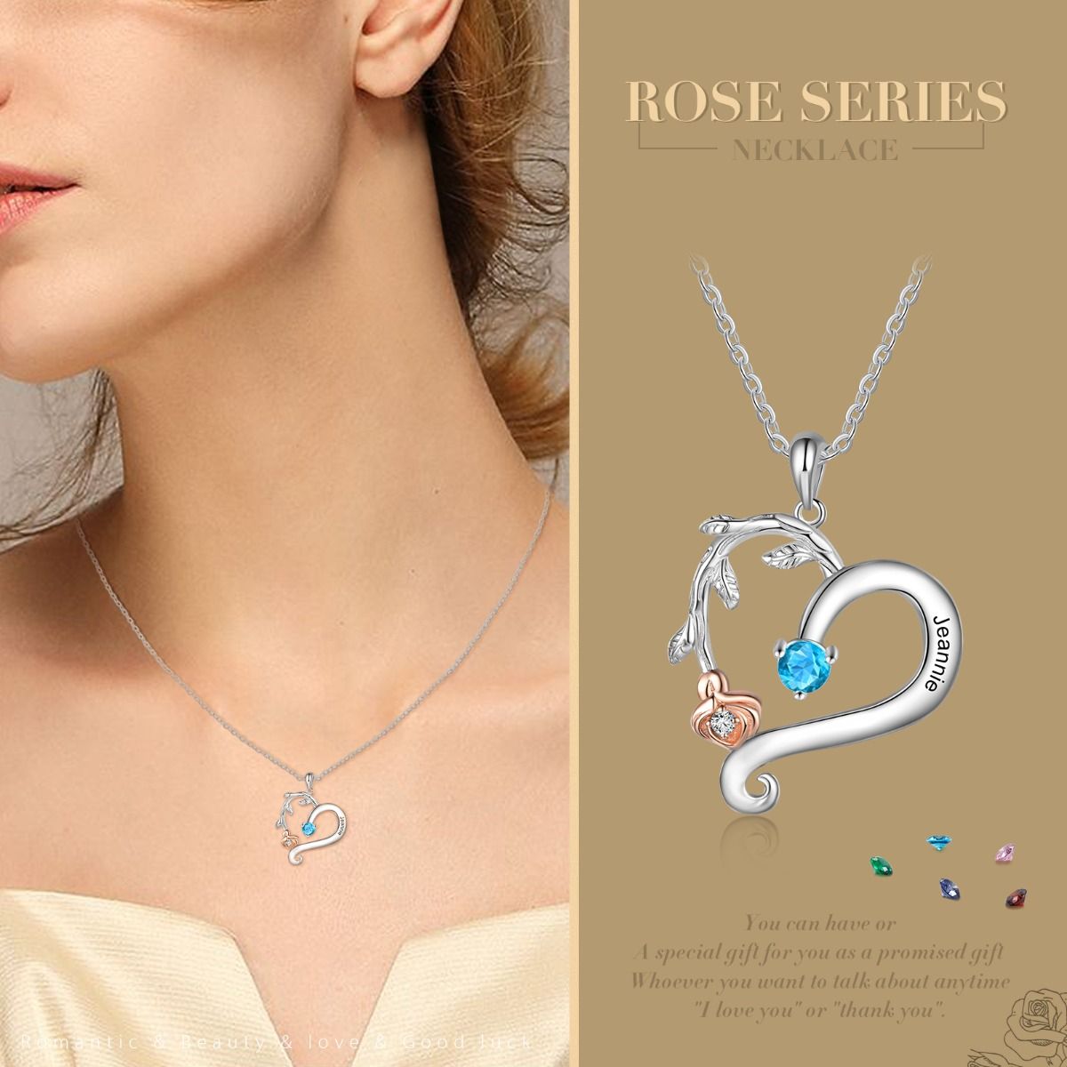 Personalised Rose Necklace With Up To 4 Birthstones | Bespoke Engraved Names Necklace With Birthstones