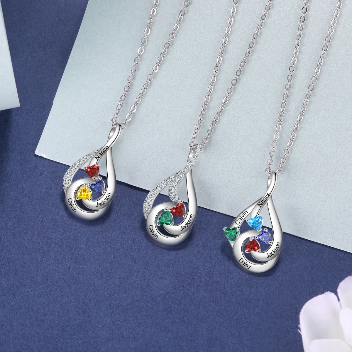 Customised Drop Shape Necklace With 2-4 Birthstones | Bespoke Engraved Names Necklace With Birthstones