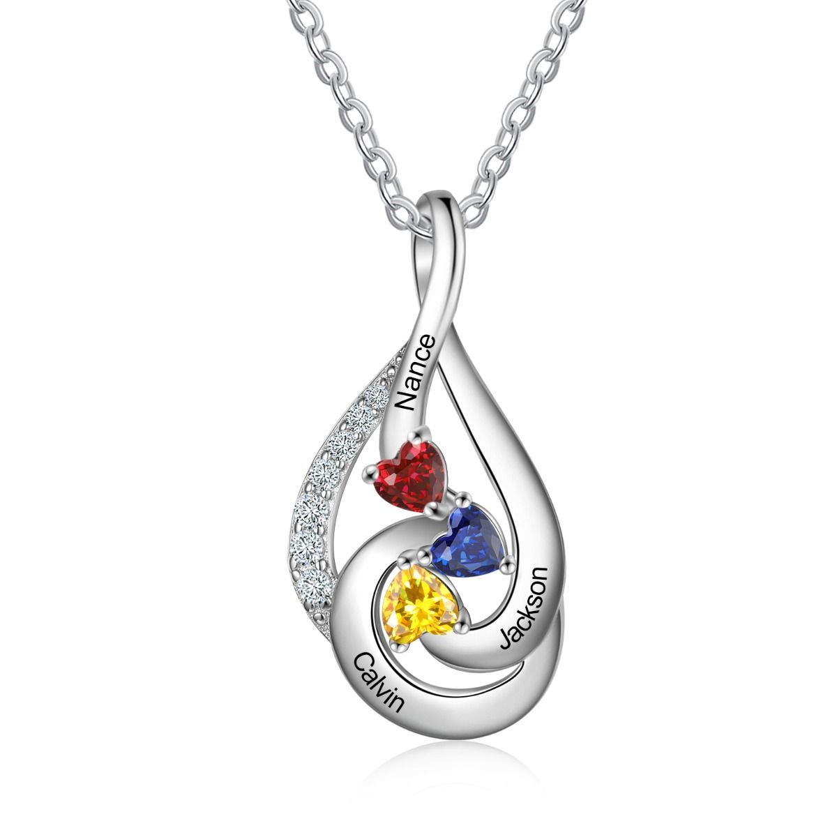 Customised Drop Shape Necklace With 2-4 Birthstones | Bespoke Engraved Names Necklace With Birthstones
