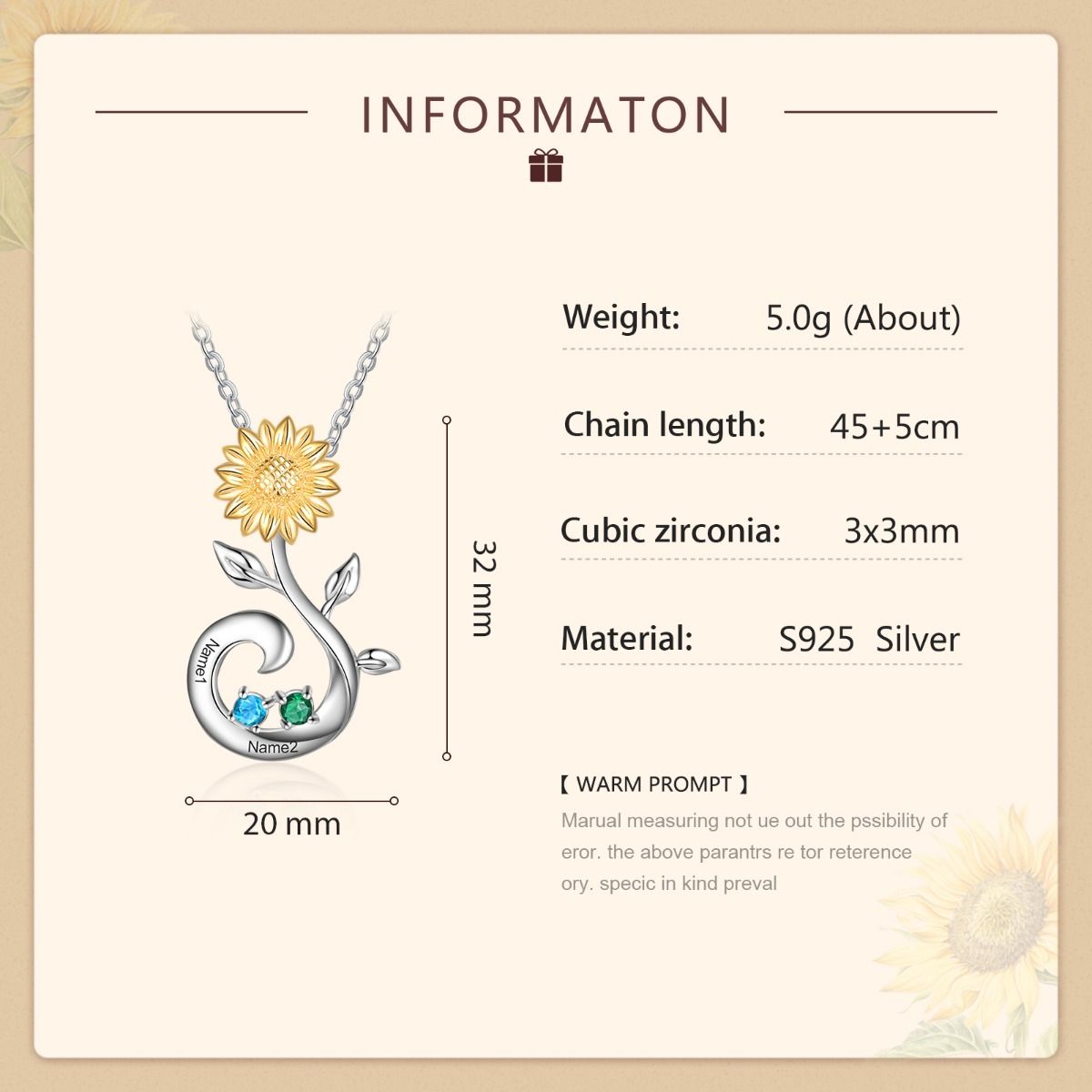 Sunflower Birthstone Necklace With Engraved Names | Personalised 2-3 Birthstones Necklace