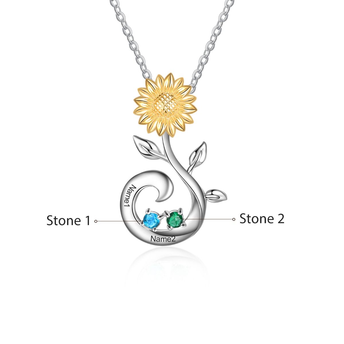 Sunflower Birthstone Necklace With Engraved Names | Personalised 2-3 Birthstones Necklace