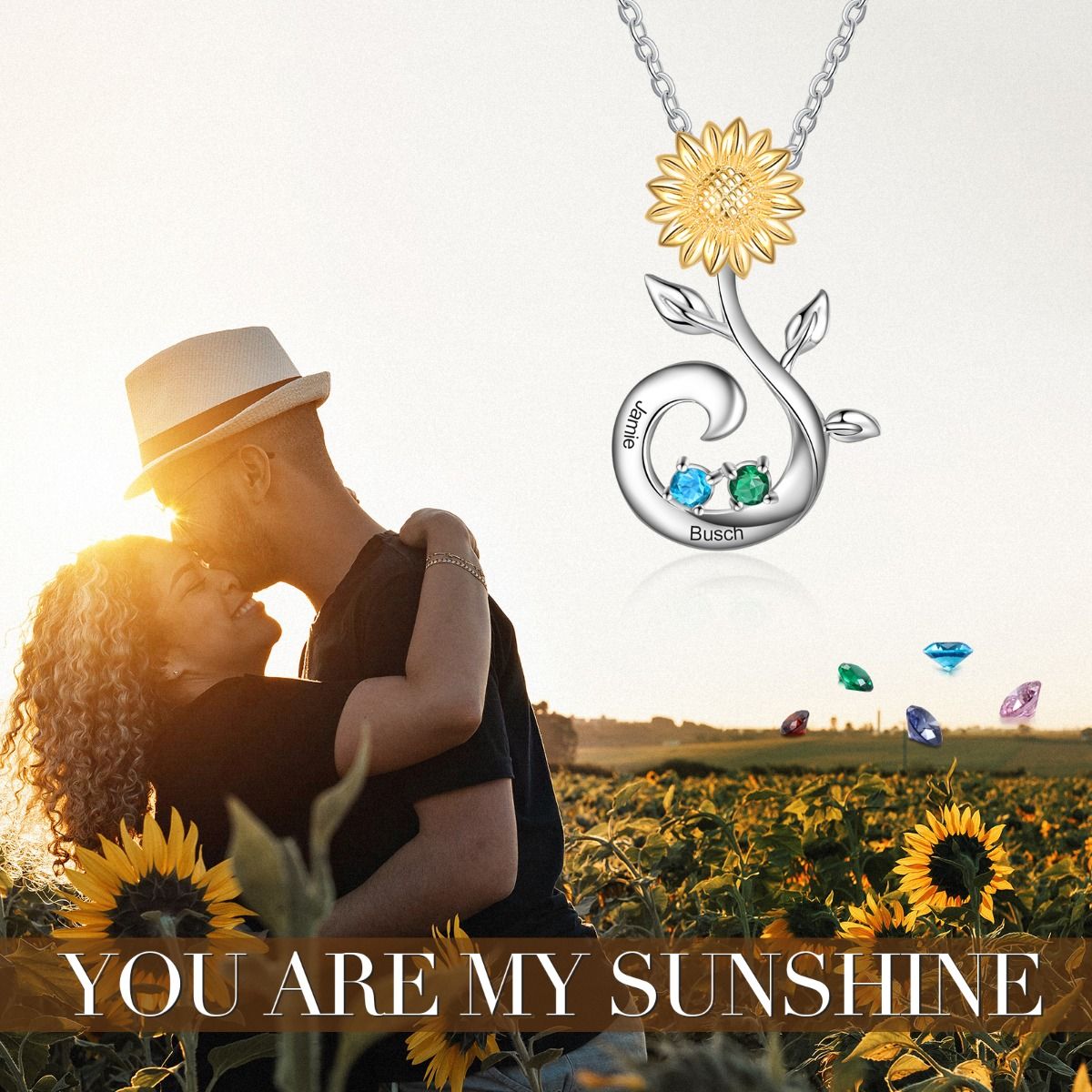 Sunflower Birthstone Necklace With Engraved Names | Personalised 2-3 Birthstones Necklace