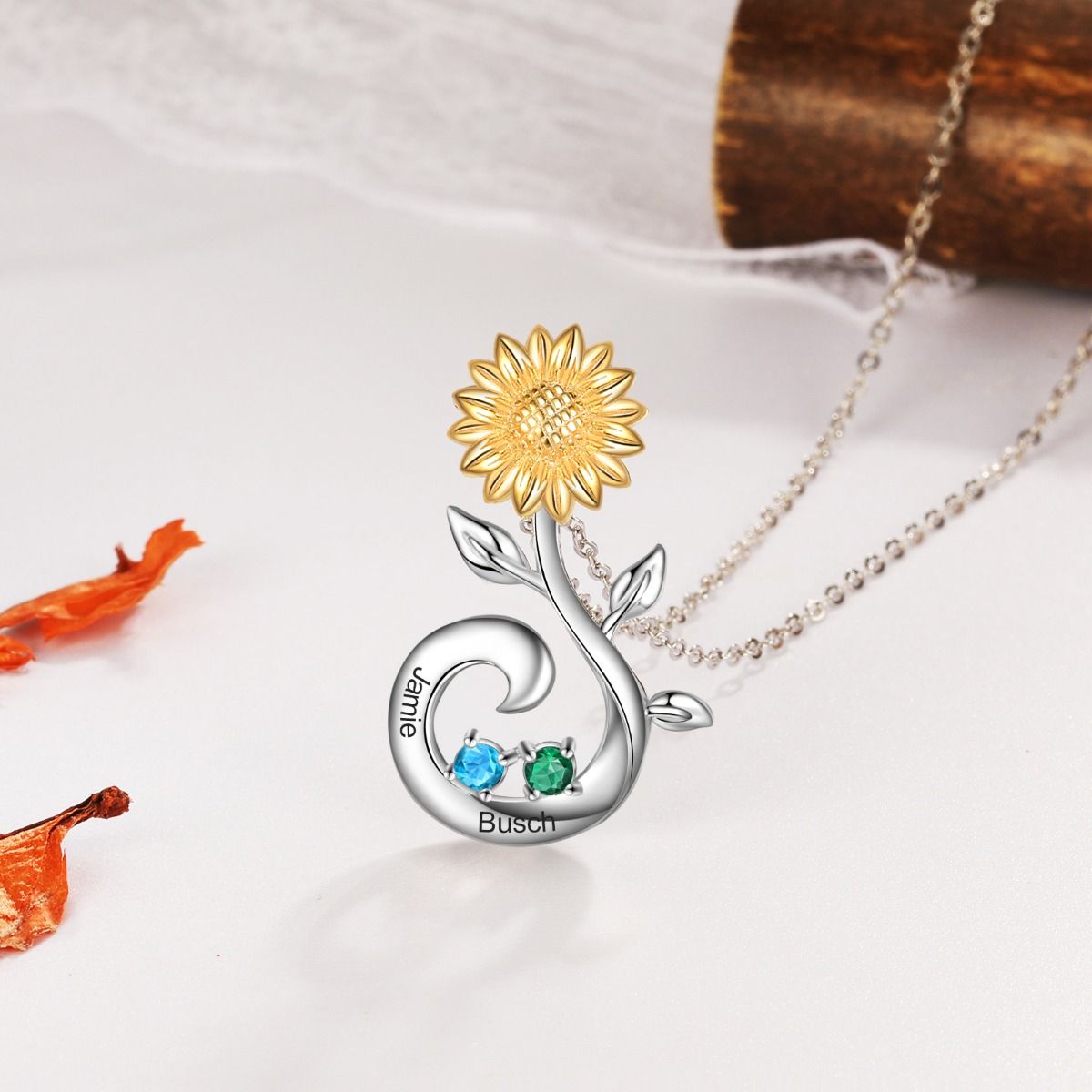 Sunflower Birthstone Necklace With Engraved Names | Personalised 2-3 Birthstones Necklace