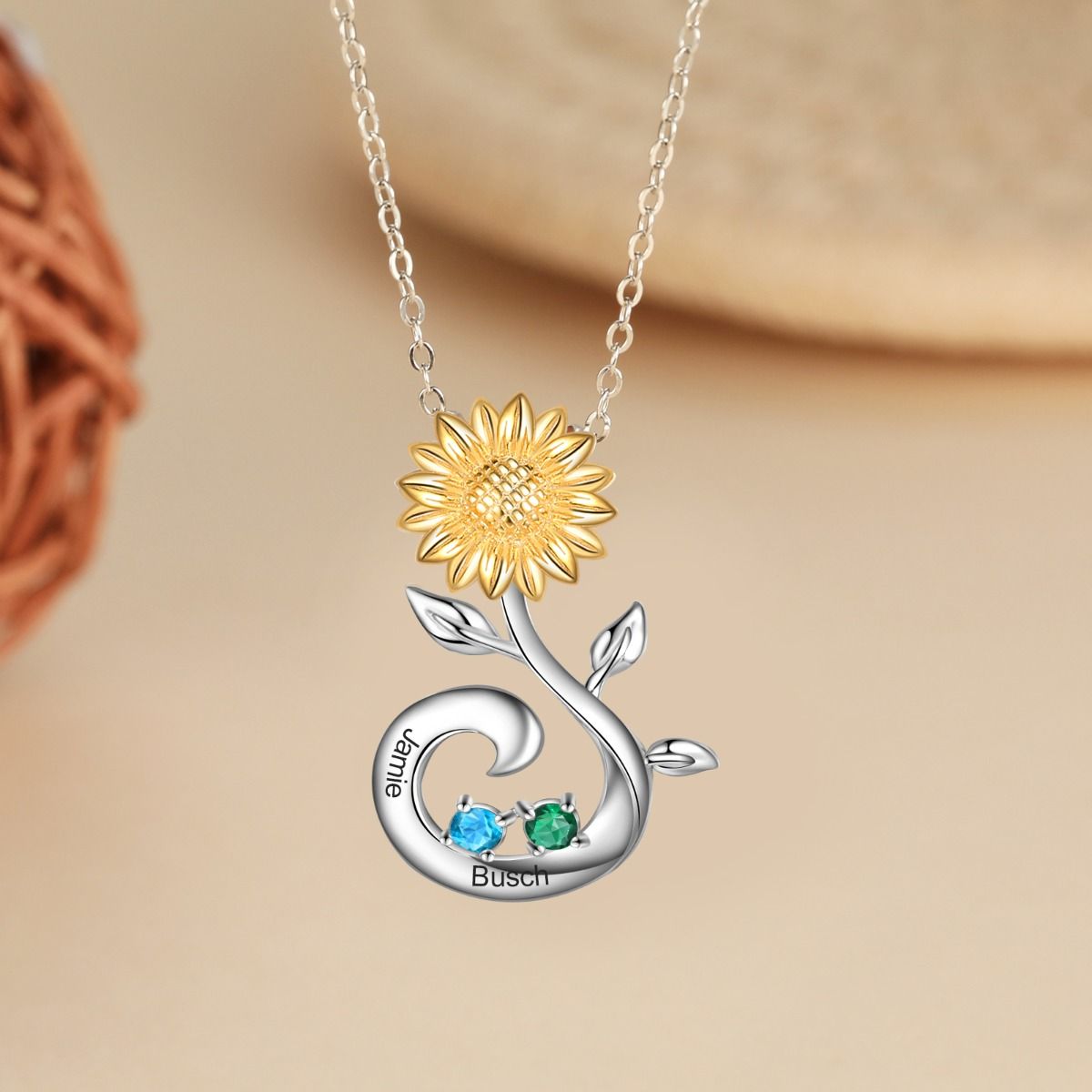 Sunflower Birthstone Necklace With Engraved Names | Personalised 2-3 Birthstones Necklace