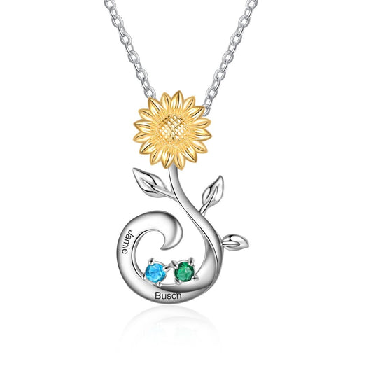 Sunflower Birthstone Necklace With Engraved Names | Personalised 2-3 Birthstones Necklace