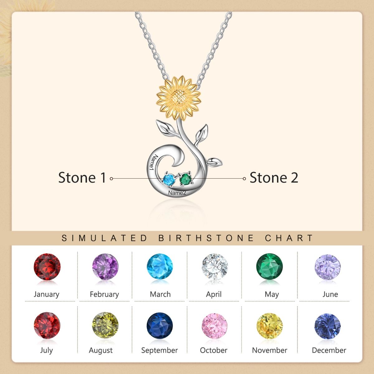 Sunflower Birthstone Necklace With Engraved Names | Personalised 2-3 Birthstones Necklace