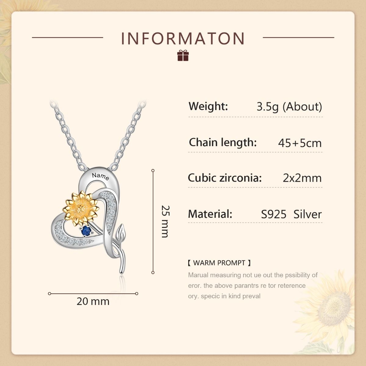 Sunflower Birthstone Necklace With Engraved Names | Personalised Up To 3 Birthstones Necklace