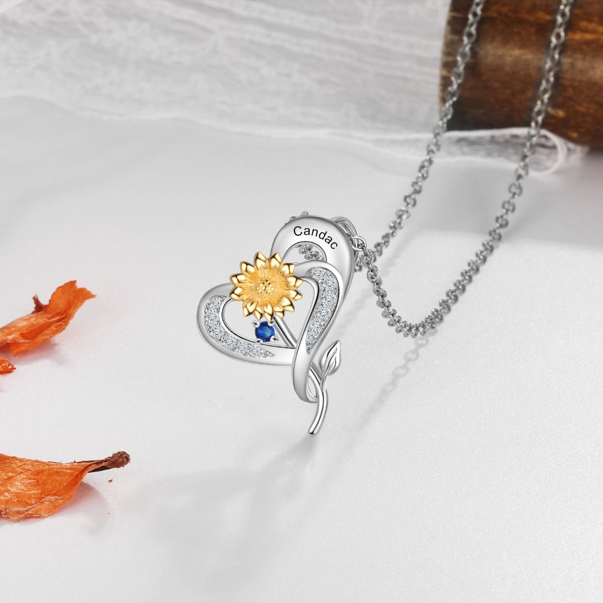 Sunflower Birthstone Necklace With Engraved Names | Personalised Up To 3 Birthstones Necklace