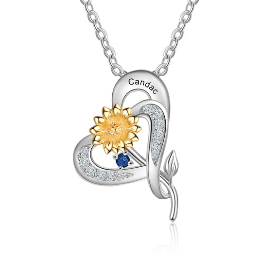 Sunflower Birthstone Necklace With Engraved Names | Personalised Up To 3 Birthstones Necklace