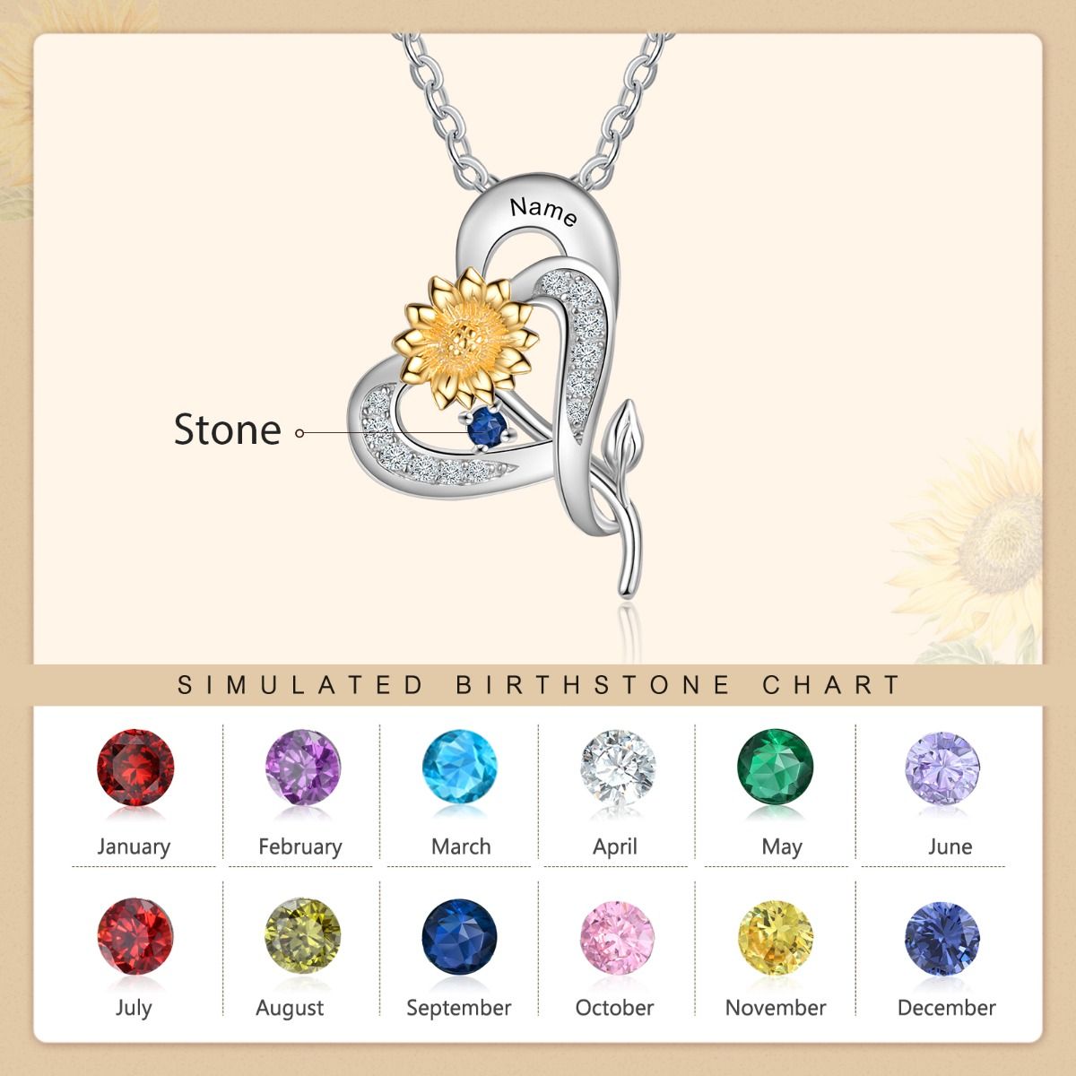 Sunflower Birthstone Necklace With Engraved Names | Personalised Up To 3 Birthstones Necklace