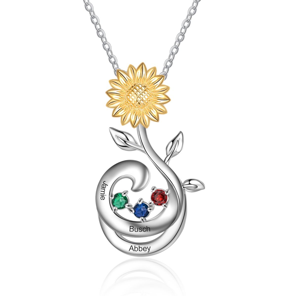 Sunflower Birthstone Necklace With Engraved Names | Personalised 2-3 Birthstones Necklace