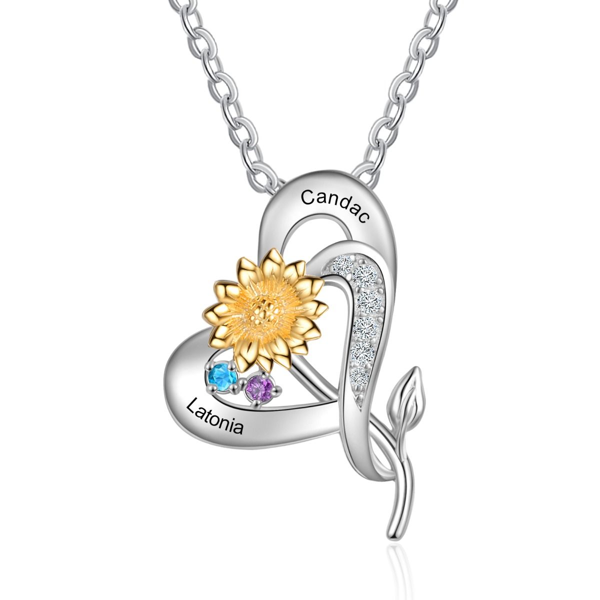 Sunflower Birthstone Necklace With Engraved Names | Personalised Up To 3 Birthstones Necklace