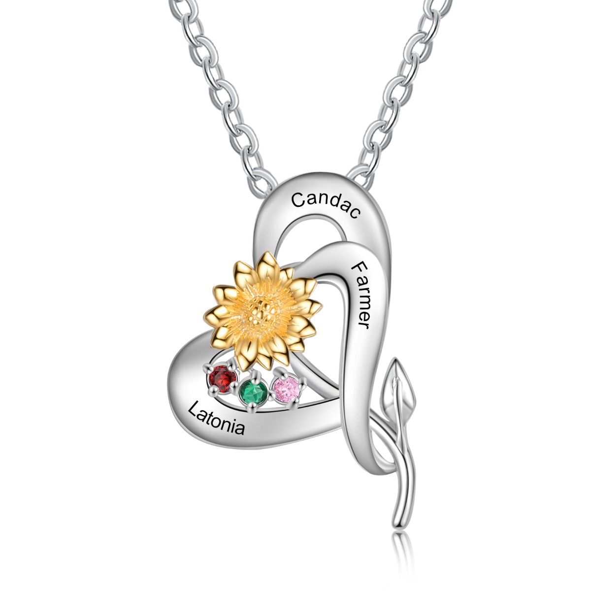 Sunflower Birthstone Necklace With Engraved Names | Personalised Up To 3 Birthstones Necklace