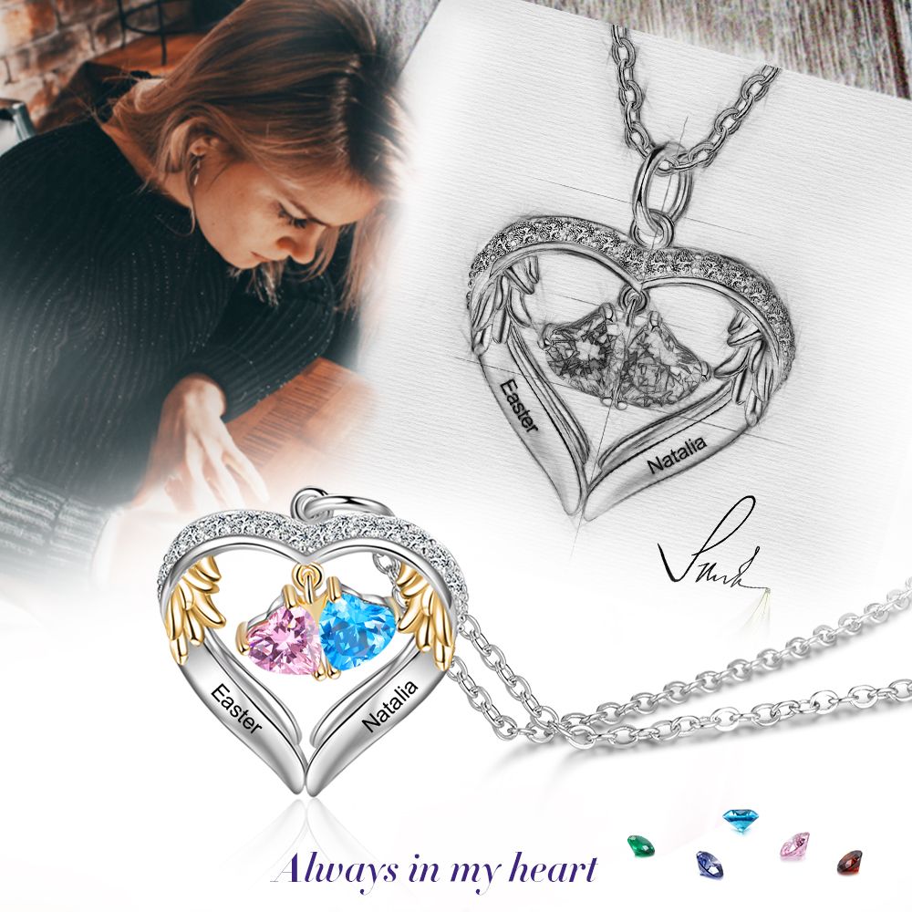 Personalised Heart Necklace With Up to 6 Birthstones | Bespoke Necklace Birthsotne With Engraved Names