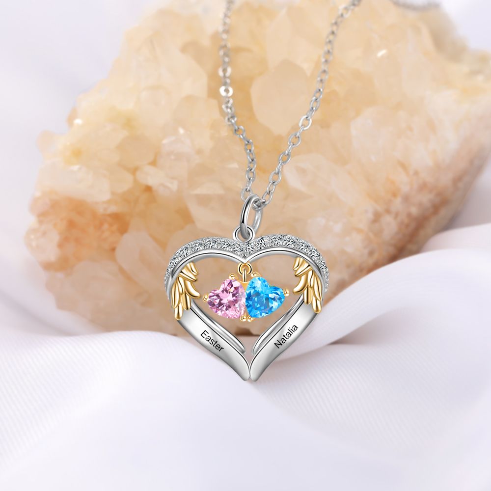 Personalised Heart Necklace With Up to 6 Birthstones | Bespoke Necklace Birthsotne With Engraved Names