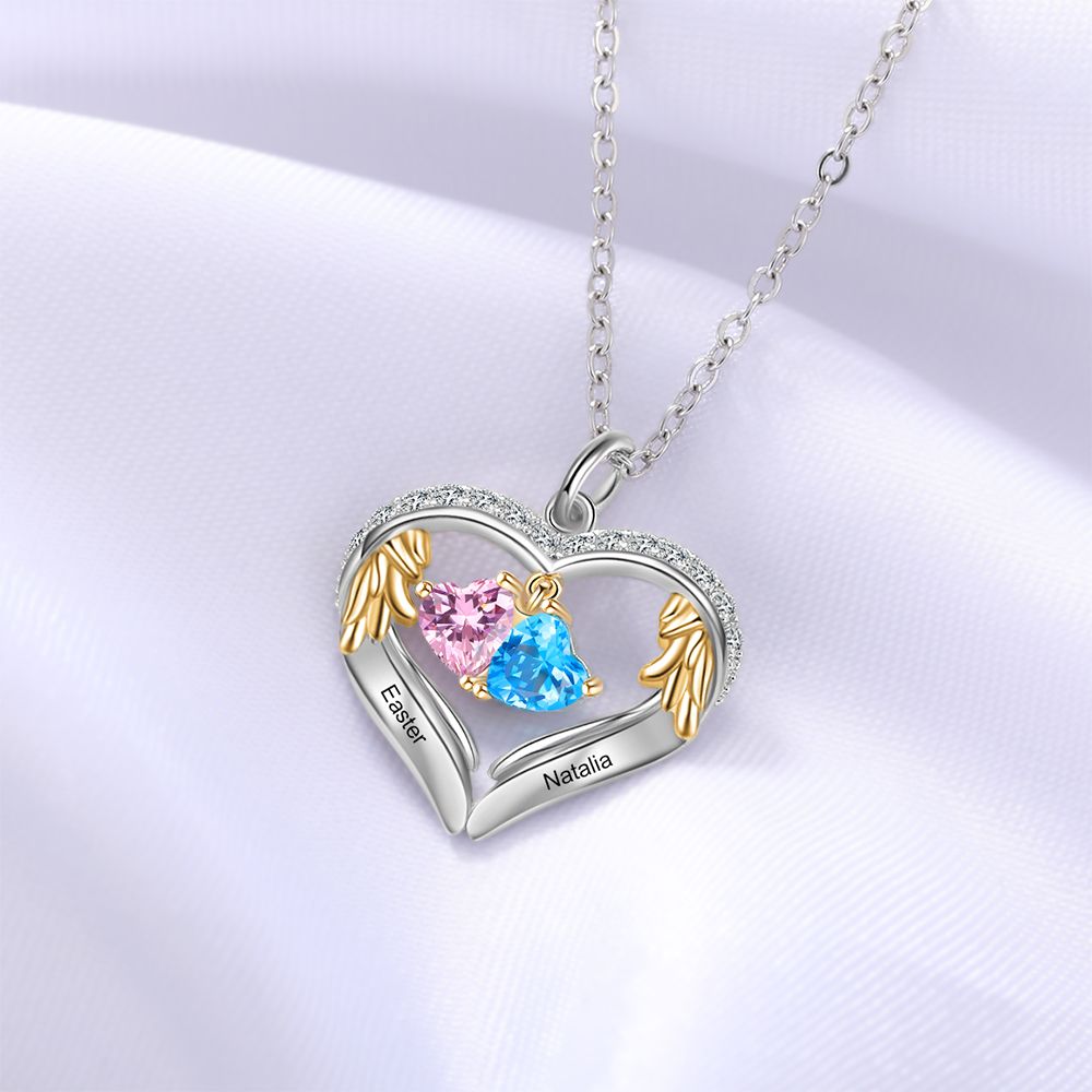 Personalised Heart Necklace With Up to 6 Birthstones | Bespoke Necklace Birthsotne With Engraved Names