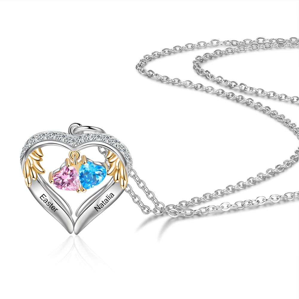 Personalised Heart Necklace With Up to 6 Birthstones | Bespoke Necklace Birthsotne With Engraved Names