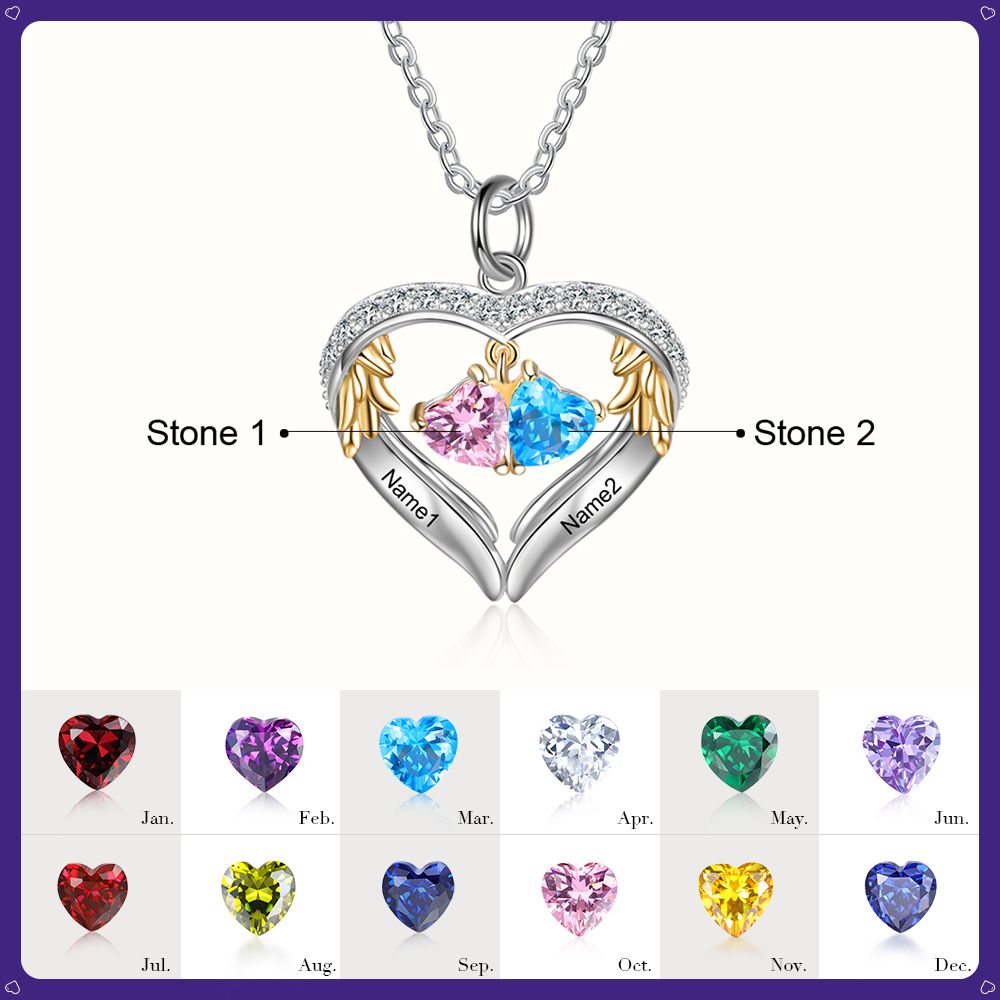 Personalised Heart Necklace With Up to 6 Birthstones | Bespoke Necklace Birthsotne With Engraved Names