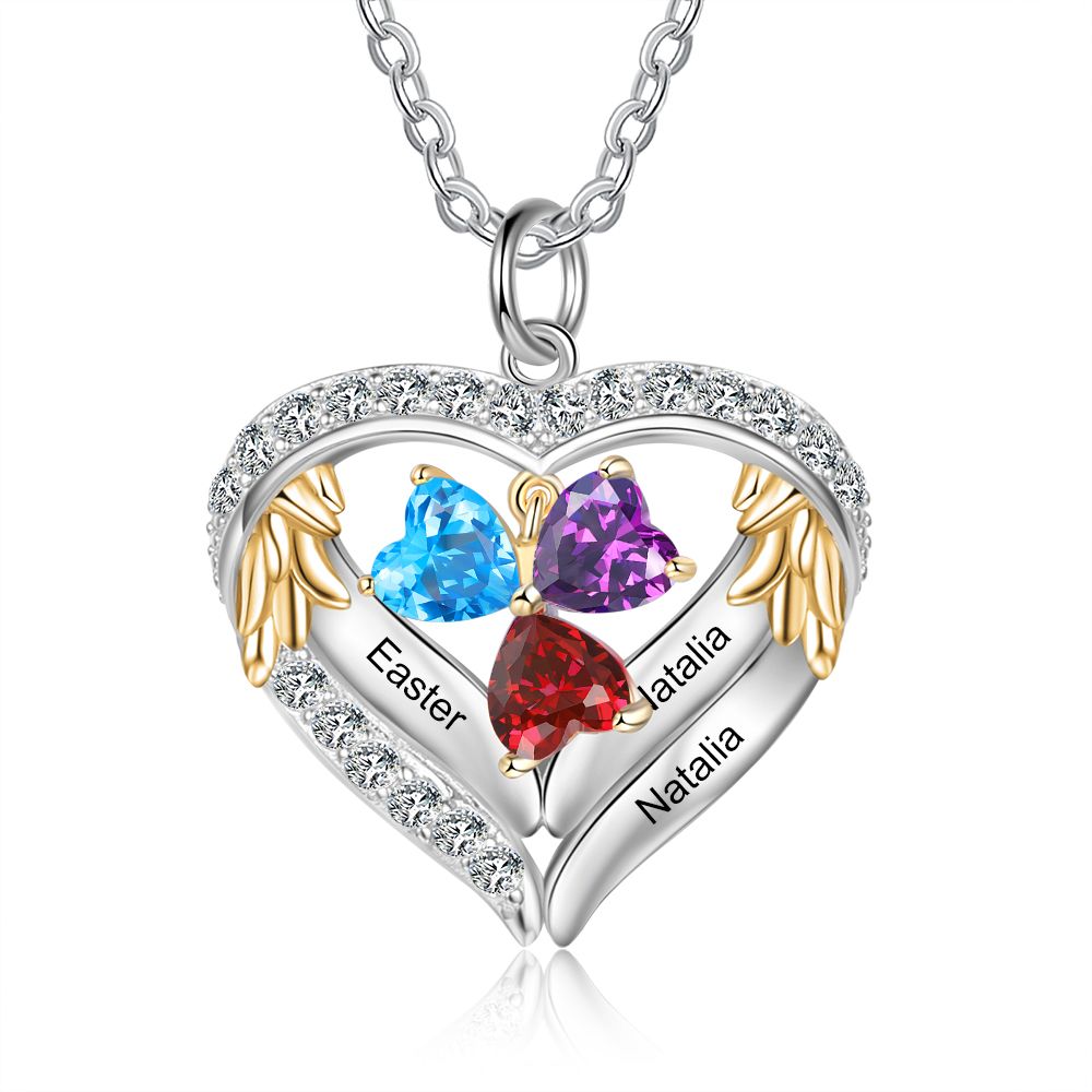 Personalised Heart Necklace With Up to 6 Birthstones | Bespoke Necklace Birthsotne With Engraved Names