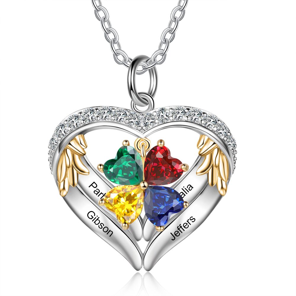 Personalised Heart Necklace With Up to 6 Birthstones | Bespoke Necklace Birthsotne With Engraved Names