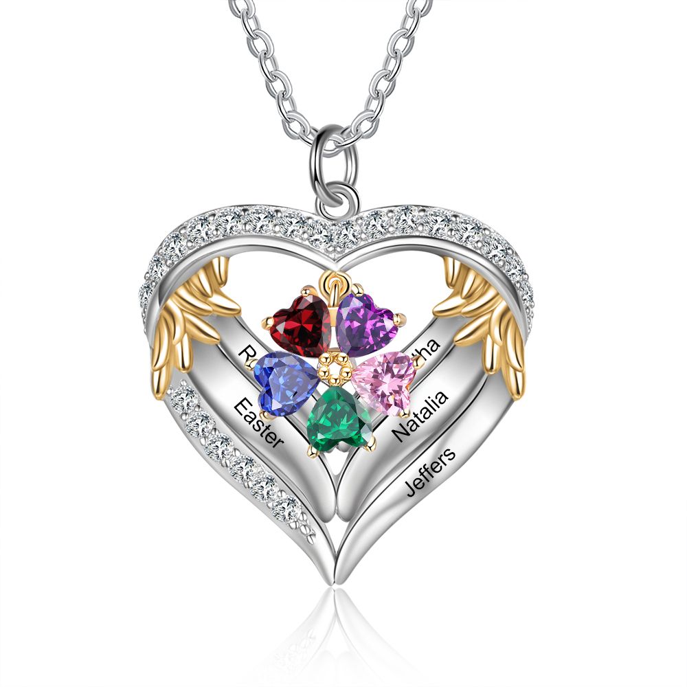 Personalised Heart Necklace With Up to 6 Birthstones | Bespoke Necklace Birthsotne With Engraved Names