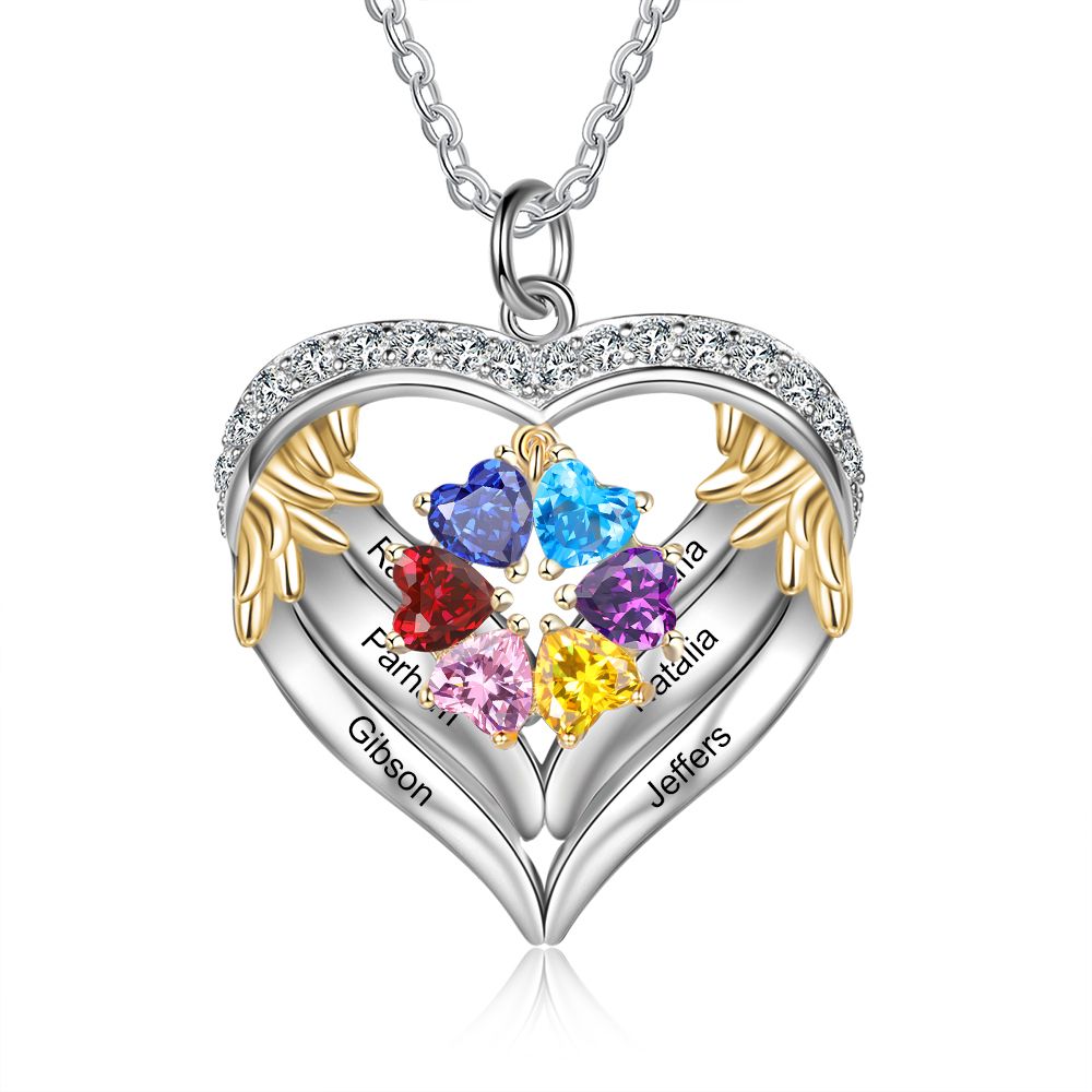 Personalised Heart Necklace With Up to 6 Birthstones | Bespoke Necklace Birthsotne With Engraved Names