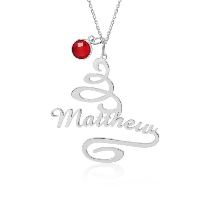 Personalised Christmas Tree Name Necklace With Birthstone | Bespoke Christmas Gift Idea
