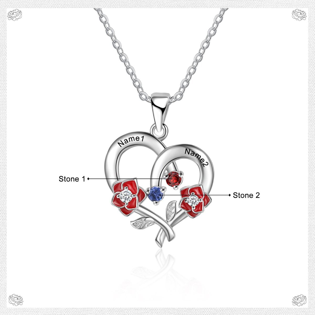 Customised Heart Rose Necklace With 2-4 Birthstones | Bespoke Engraved Names Necklace With Birthstones