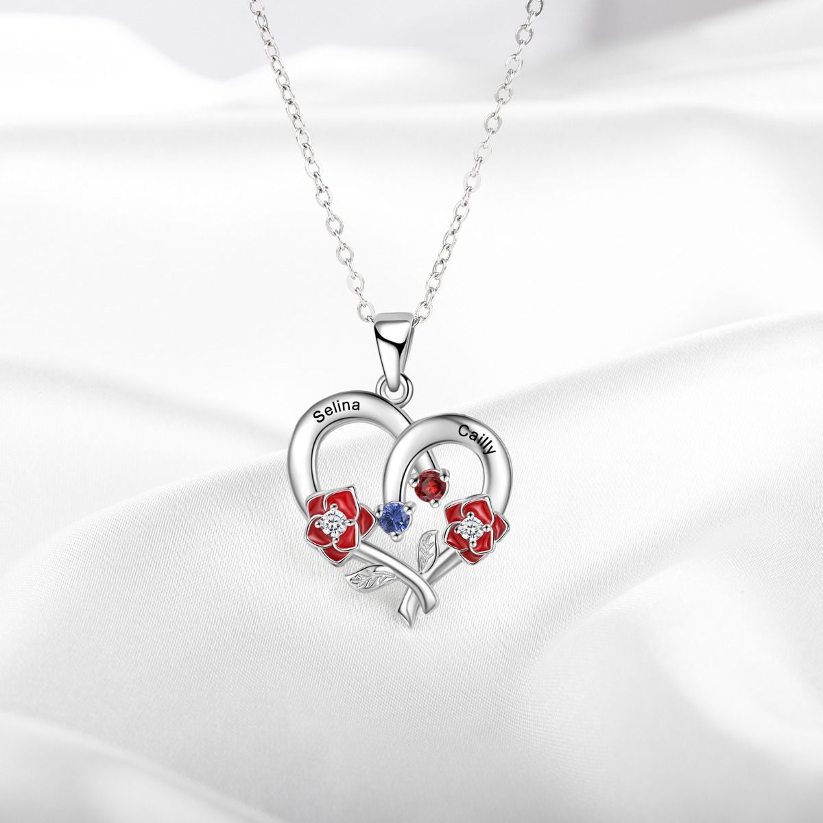 Customised Heart Rose Necklace With 2-4 Birthstones | Bespoke Engraved Names Necklace With Birthstones