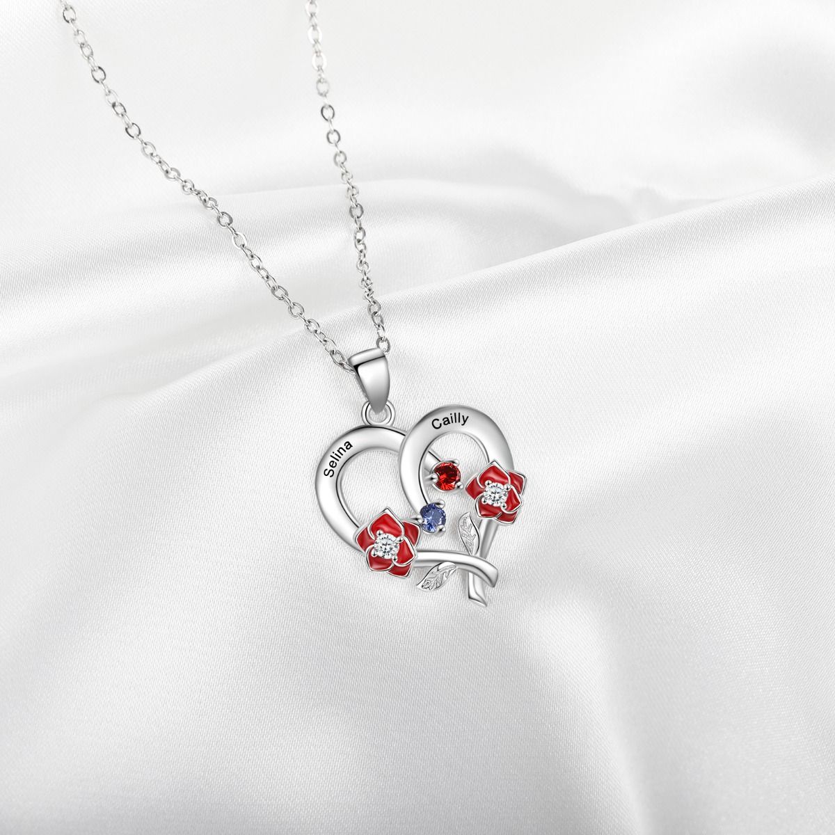 Customised Heart Rose Necklace With 2-4 Birthstones | Bespoke Engraved Names Necklace With Birthstones