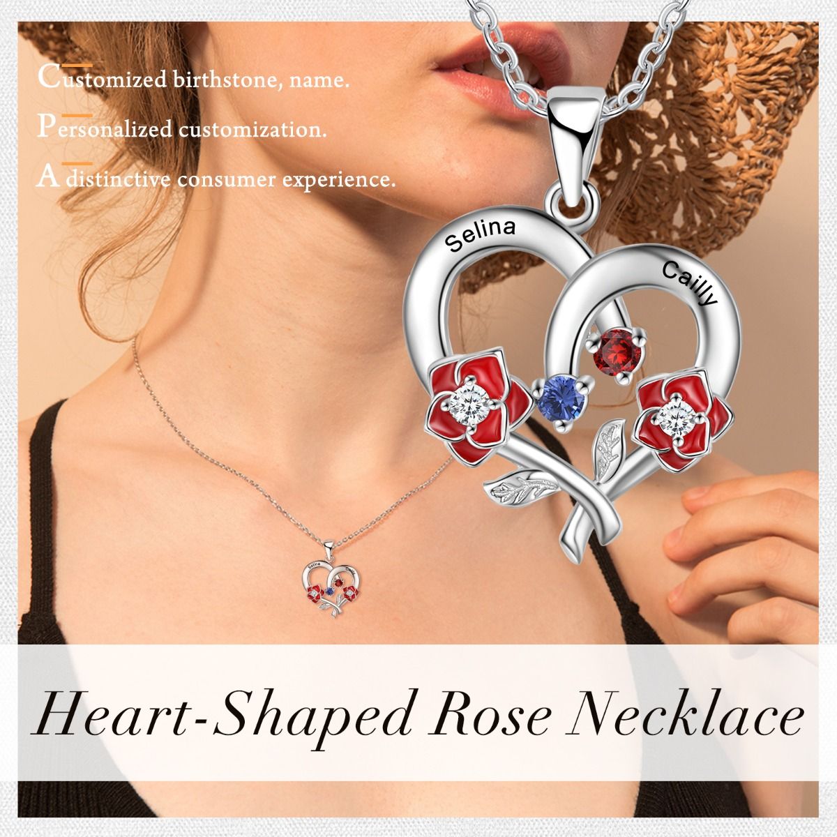 Customised Heart Rose Necklace With 2-4 Birthstones | Bespoke Engraved Names Necklace With Birthstones