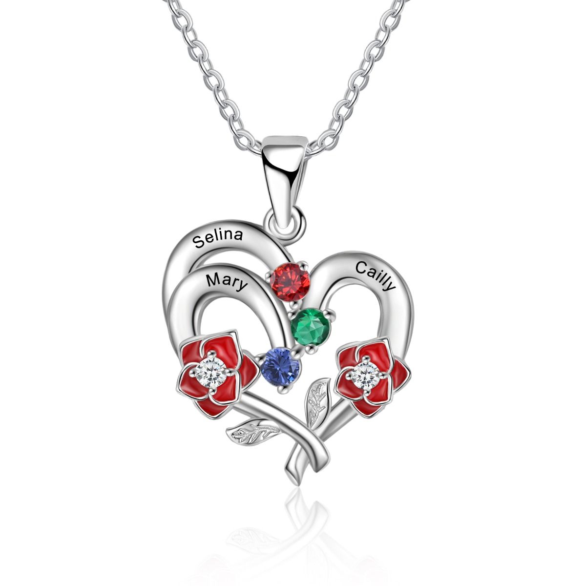 Customised Heart Rose Necklace With 2-4 Birthstones | Bespoke Engraved Names Necklace With Birthstones