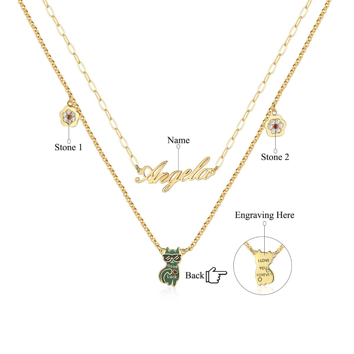 Personalised Lucky Cat Name Necklace With Birthstones