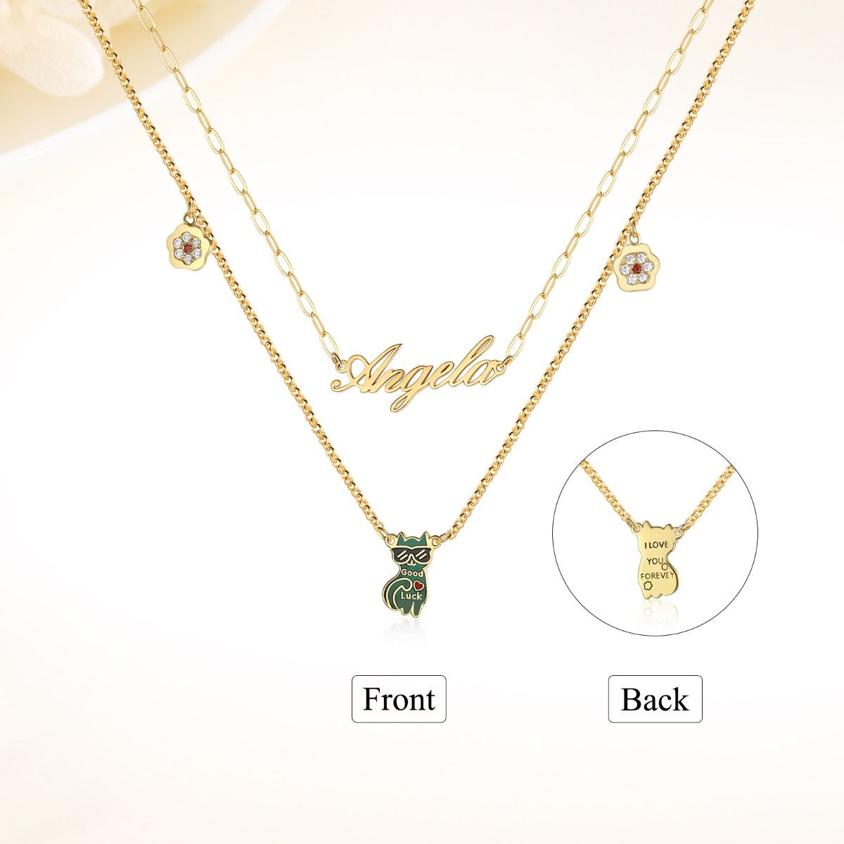 Personalised Lucky Cat Name Necklace With Birthstones