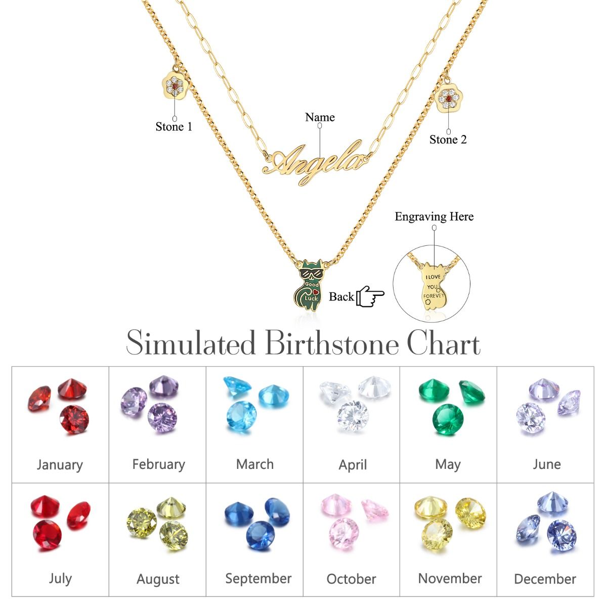 Personalised Lucky Cat Name Necklace With Birthstones