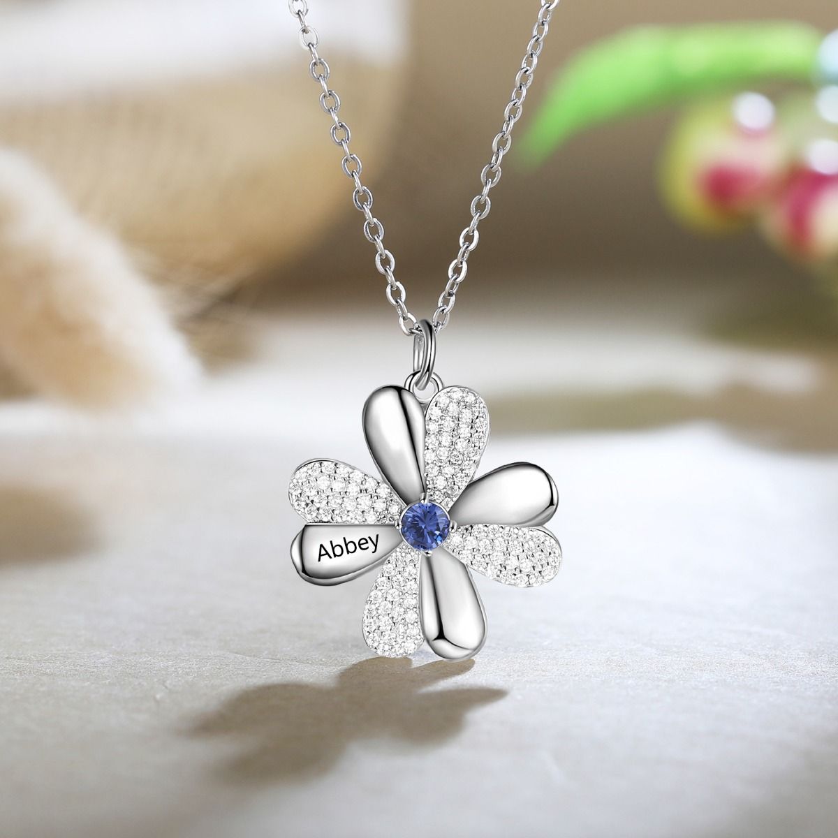 Personalised Clover Necklace With Up tp 4 Birthstones And Names Engraved | Bespoke Necklace For Her