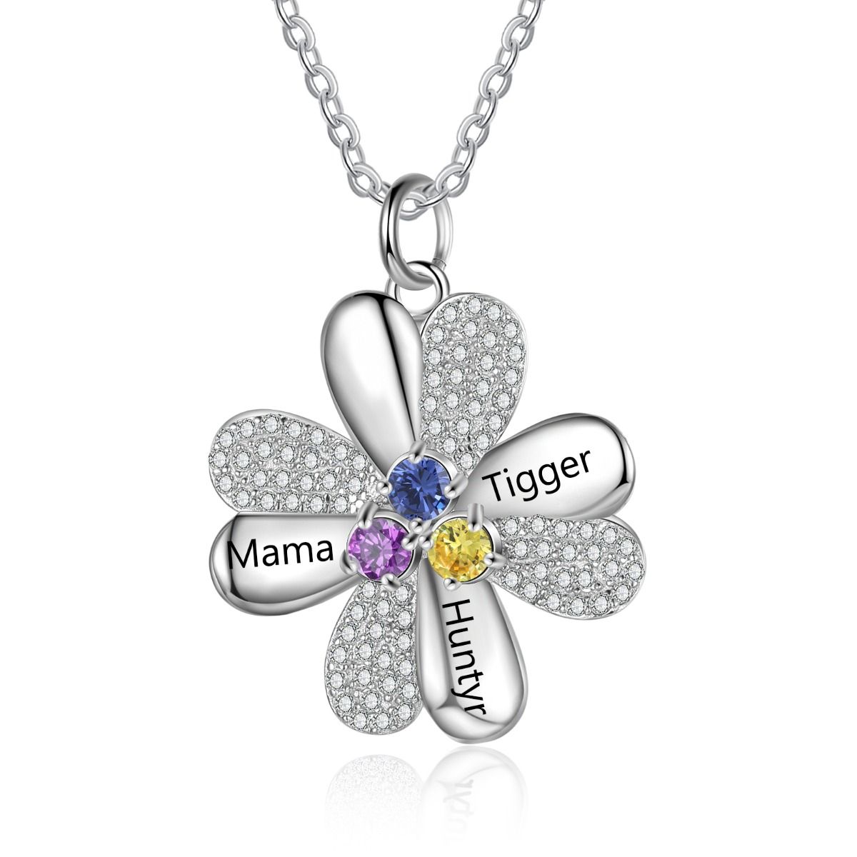 Personalised Clover Necklace With Up tp 4 Birthstones And Names Engraved | Bespoke Necklace For Her