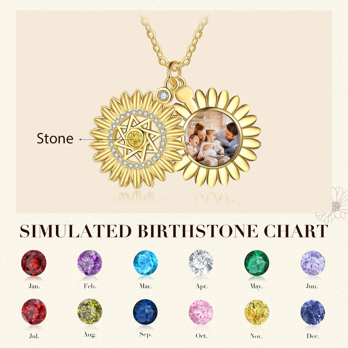 Personalised Sun Flower Photo Necklace With Birthstone | Bespoke Photo Necklace