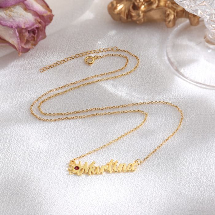Personalised Name Necklace | Bespoke Name Necklace With Crown & Birthstone