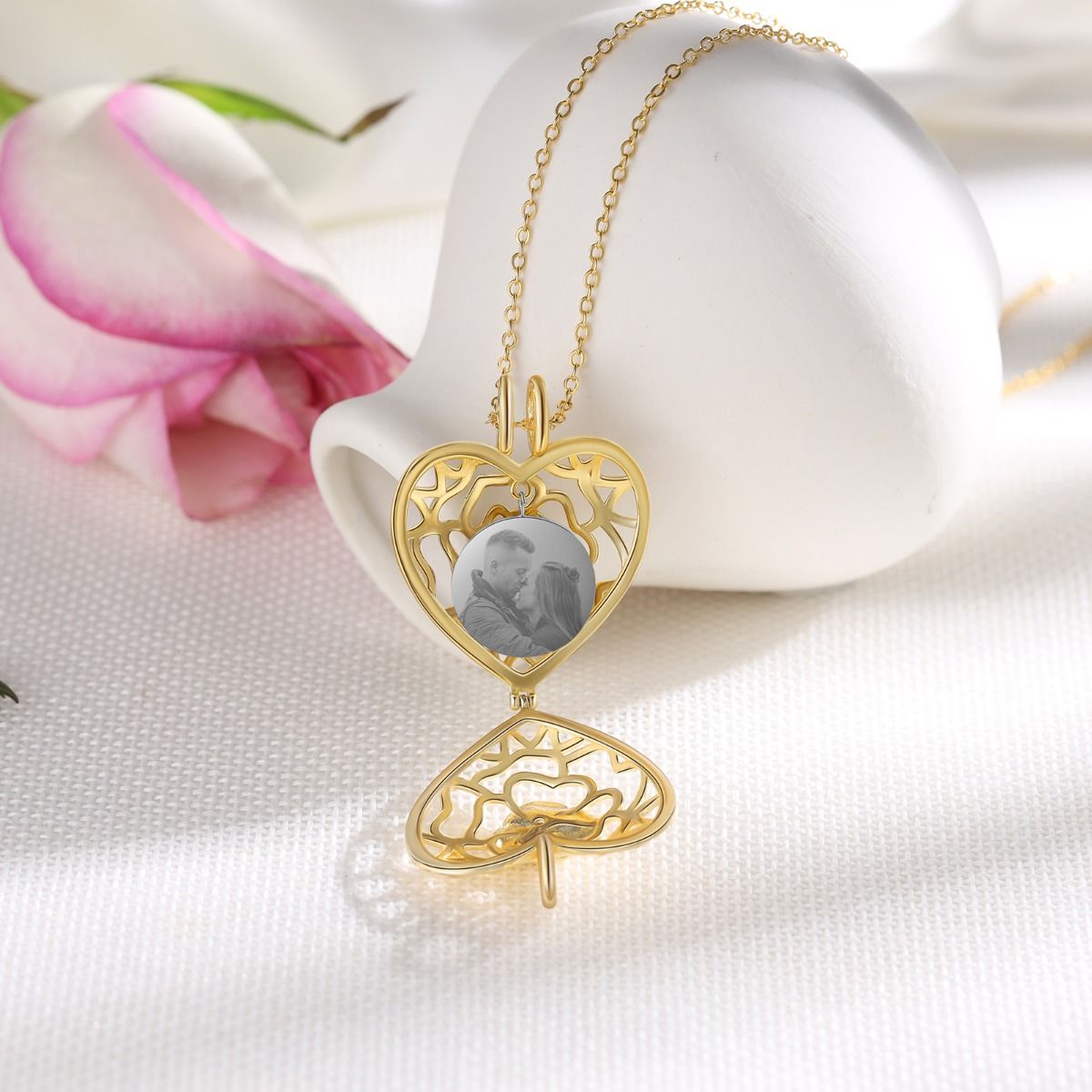 Personalised Yellow Gold Plated Rose Heart Photo Necklace | Customised Photo Necklce