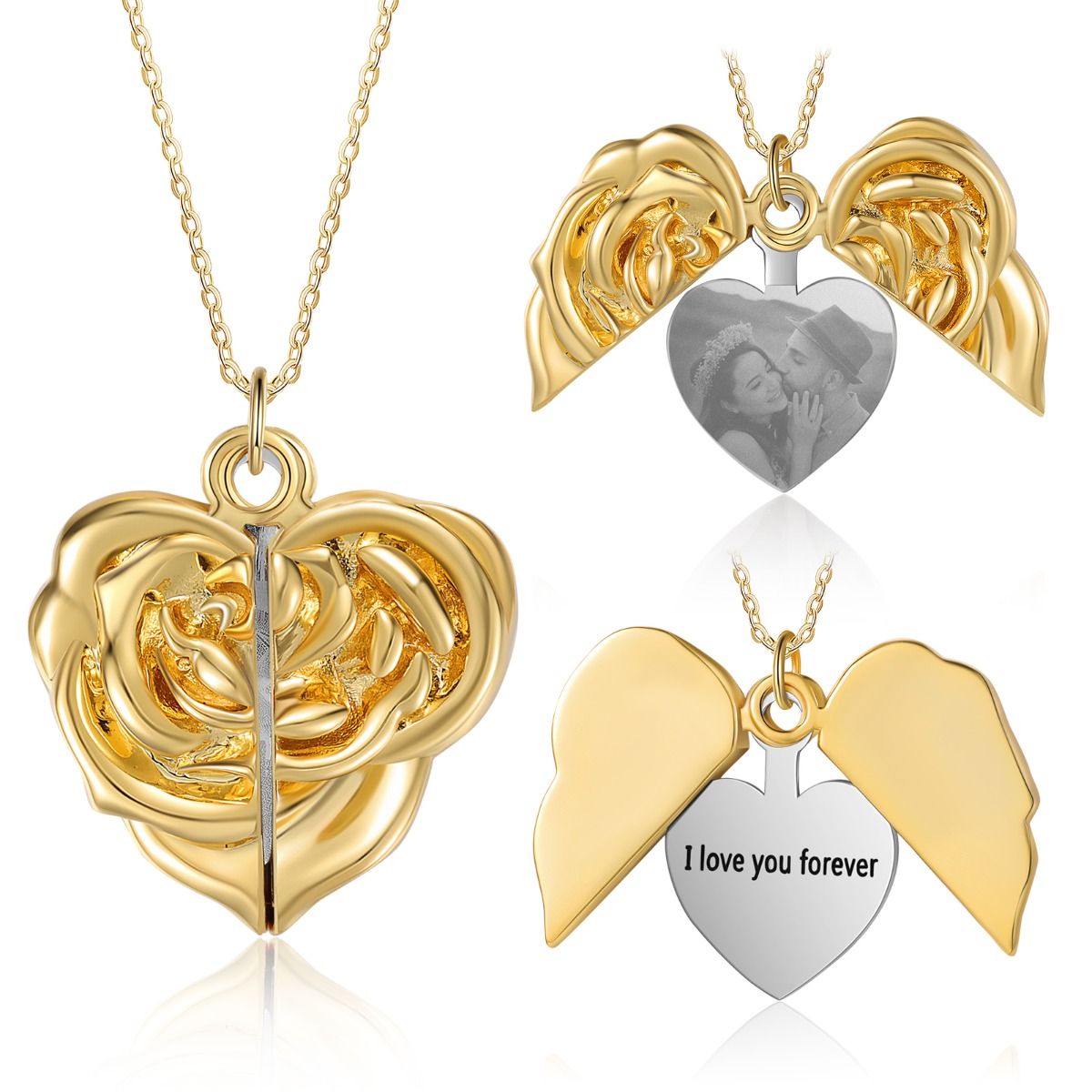 Personalised Yellow Golf Plated Rose Heart Photo Necklace | Bespoke Gift For Mum