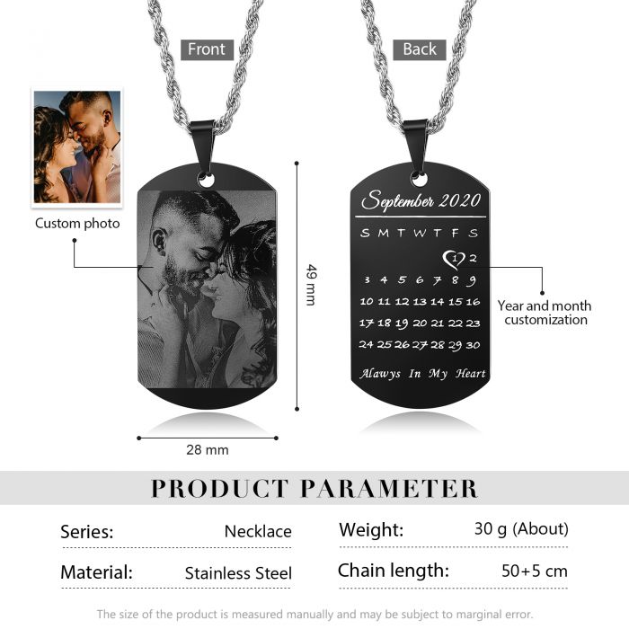 Personalised Photo Dog Tag Necklace With Calander Engraved | Custom Made Dpog Tag Necklace For Men