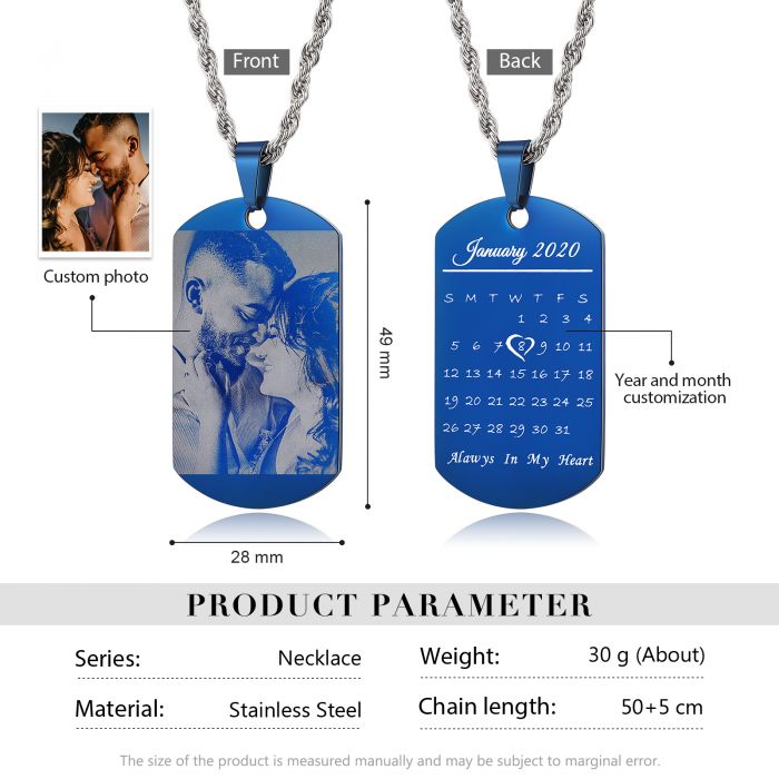 Personalised Photo Dog Tag Necklace With Calander Engraved | Custom Made Dpog Tag Necklace For Men