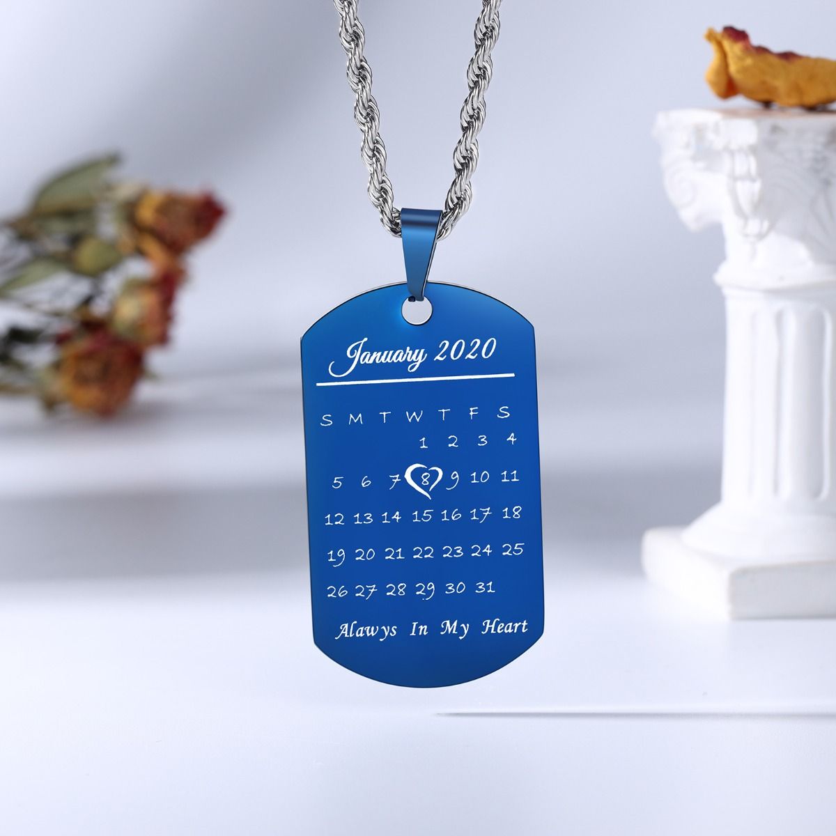 Personalised Photo Dog Tag Necklace With Calander Engraved | Custom Made Dpog Tag Necklace For Men