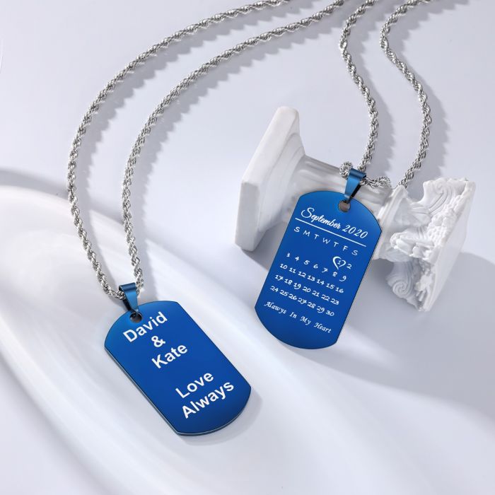 Personalised Photo Dog Tag Necklace With Calendar Engraved | Custom Made Dog Tag Necklace For Men