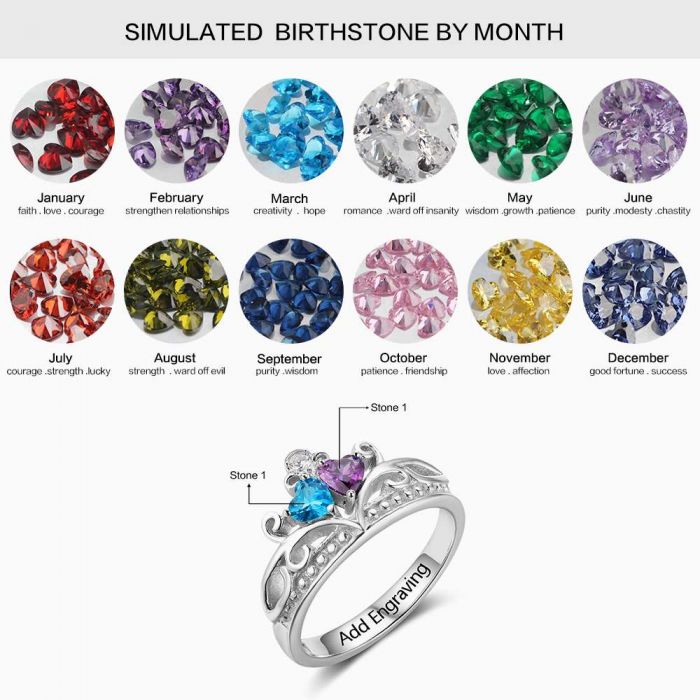 Bespoke Crown Ring, Personalised Sterling Silver Engraved Ring with Two Heart-Shape Simulated Birthstones CZ.  Personalised Birthstone Ring | Custom Engraved Ring with Birthstones | Bespoke Birthstone Ring  Personalised Gift Ideas For Her | Personalised Gift For Mom | Gift Ideas For Wife | Gift For Girlfriend   Birthday Gift Ideas For Her | Anniversary Gift For Her | Graduation Gift Ideas For Her  | Personalised Birthday Gift For Mom 