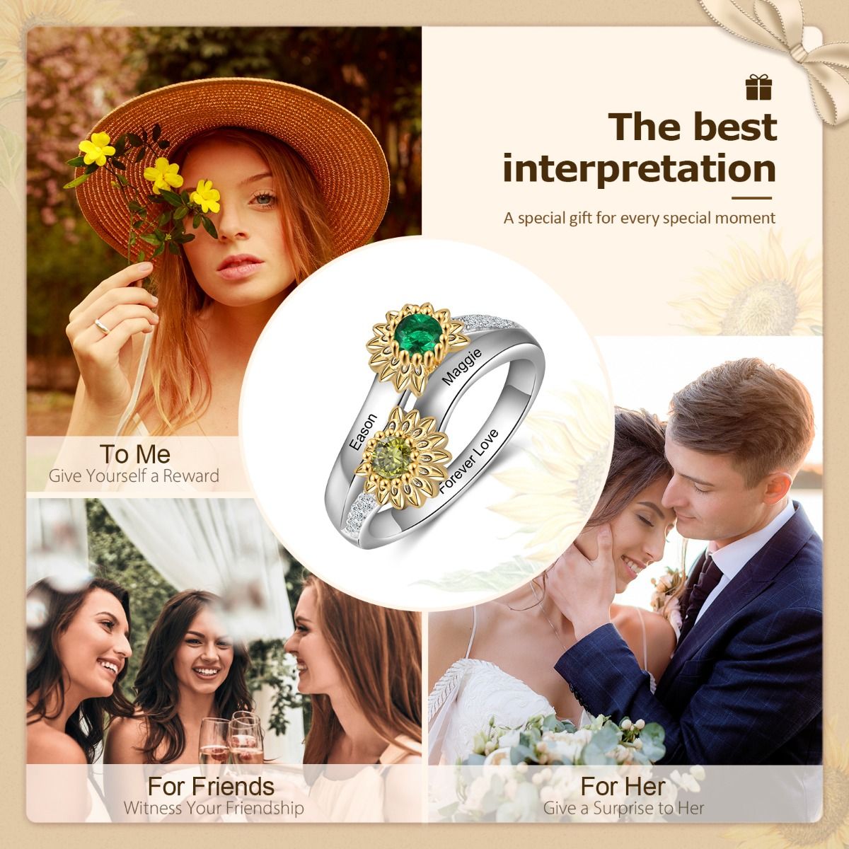 Personalised Sunflower Birthstone Ring | Personalised Ring With Birthstones
